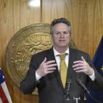 Peter Segall / Juneau Empire
Gov. Mike Dunleavy speaks with reporters Thursday about the states budget at the Alaska State Capitol. Dunleavy said lawmakers had sent a complete budget, and that there was no need for a special session.