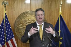 Peter Segall / Juneau Empire
Gov. Mike Dunleavy speaks with reporters Thursday about the states budget at the Alaska State Capitol. Dunleavy said lawmakers had sent a complete budget, and that there was no need for a special session.