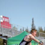 Soldotnas Dylan Dahlgren throws the shot putat the Region 3/Division I meet Friday, May 20, 2022, at Ed Hollier Field at Kenai Central High School in Kenai, Alaska. (Photo by Jeff Helminiak/Peninsula Clarion)