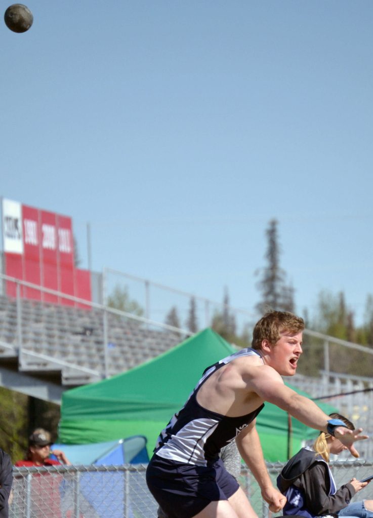 Soldotnas Dylan Dahlgren throws the shot putat the Region 3/Division I meet Friday, May 20, 2022, at Ed Hollier Field at Kenai Central High School in Kenai, Alaska. (Photo by Jeff Helminiak/Peninsula Clarion)