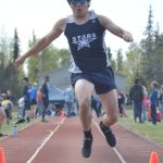 Soldotnas Isaac Chavarria competes in the triple jump at the Region 3/Division I meet at Ed Hollier Field at Kenai Central High School in Kenai, Alaska, on Saturday, May 21, 2022. (Photo by Jeff Helminiak/Peninsula Clarion)
