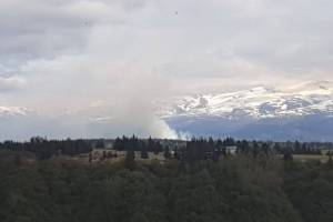 The Caribou Fire (#135) can be seen burning about 23 miles northeast of Homer and about 2 miles west of Fox River on May 25, 2022. (Photo courtesy of Fenya Basargin)