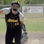 Homers Zoe Adkins pitches to Palmer on Friday, May 27, 2022, at the Northern Lights Conference tournament at the Soldotna Little League fields in Soldotna, Alaska. (Photo by Jeff Helminiak/Peninsula Clarion)