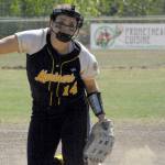 Homer's Zoe Adkins pitches to Palmer on Friday, May 27, 2022, at the Northern Lights Conference tournament at the Soldotna Little League fields in Soldotna, Alaska. (Photo by Jeff Helminiak/Peninsula Clarion)