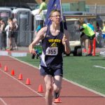 Homers Caleb Evans is recognized for winning the boys Division II high jump Saturday, May 28, 2022, at the Division II state track and field meet at Dimond High School in Anchorage, Alaska. (Photo by Jeff Helminiak/Peninsula Clarion)