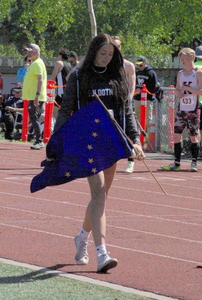Soldotnas Adarra Hagelund is recognized for winning the girls Division I high jump Saturday, May 28, 2022, at the Division I state track and field meet at Dimond High School in Anchorage, Alaska. (Photo by Jeff Helminiak/Peninsula Clarion)