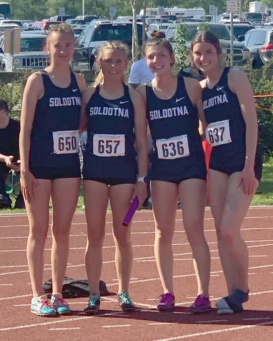 Soldotnas Jordan Ruffner, Jordan Strausbaugh, Annie Burns and Ellie Burns won the girls Division I 3,200-meter relay Saturday, May 28, 2022, at the Division I state track and field meet at Dimond High School in Anchorage, Alaska. (Photo provided)