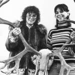 Marcia and Mary Alice Grainge pose in 1980 with a pair of caribou antlers they found in 1972. The sisters dug the antlers from deep snow and detached them from a dead caribou. (Photo provided by Marcia Grainge King)