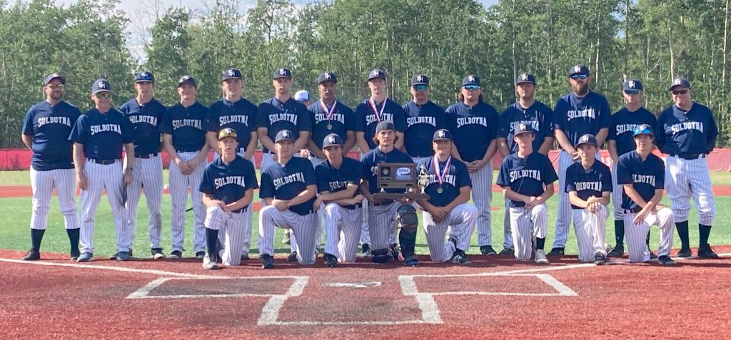 The Soldotna baseball team wins the 2022 Division II state baseball tournament Sunday, June 4, 2022, at Wasilla High School in Wasilla, Alaska. (Photo by Jeff Helminiak/Peninsula Clarion)