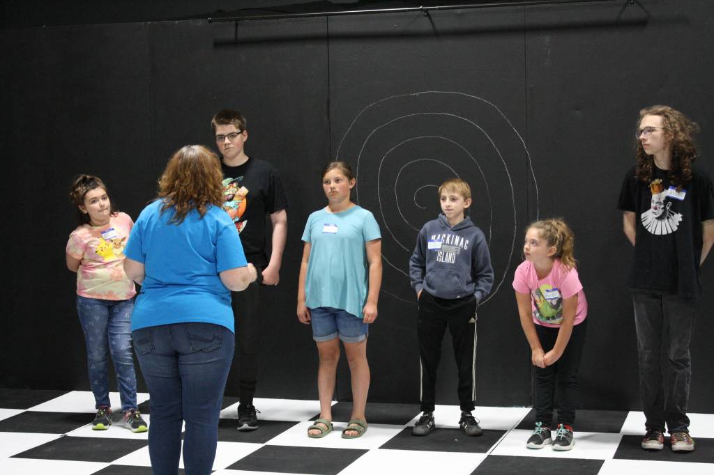 Kids participate in the first day of the Kenai Performers Drama Camp at the playhouse building in Soldotna on Monday, June 6, 2022. (Camille Botello/Peninsula Clarion)