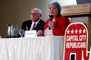 Republican Tara Sweeney, right, speaks Monday, May 16, 2022, at a forum in Juneau, Alaska, that was also attended by three other Republican candidates for Alaskas U.S. House seat, including John Coghill, left. Sweeney and Coghill are among 48 candidates in a June 11 special primary for the House seat left vacant by the death earlier this year of Republican Rep. Don Young. (AP Photo/Becky Bohrer)