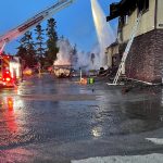 The Kachemak Emergency Services ladder truck was used to direct water down on a burning building on East Bunnell Avenue on Saturday, June 4, 2022, in Homer, Alaska. (Photo courtesy of Kachemak Emergency Services)