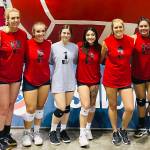Members of the AK-49ers, Stacey Segura, Jordan Weber, Viannie Kazan, Kelsey Clark, Shaylynn Zener, Amanda McDowell, Maureen Sabado and Laura Roofe, pose at the 2022 USA Volleyball Open National Championship in Orlando, Florida. The event was held from May 27 to June 1. The AK-49ers placed 17th out of 35 teams in the Women's B Division and fifth in the bronze bracket. (Photo provided)
