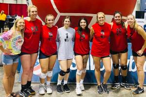 Members of the AK-49ers, Stacey Segura, Jordan Weber, Viannie Kazan, Kelsey Clark, Shaylynn Zener, Amanda McDowell, Maureen Sabado and Laura Roofe, pose at the 2022 USA Volleyball Open National Championship in Orlando, Florida. The event was held from May 27 to June 1. The AK-49ers placed 17th out of 35 teams in the Women's B Division and fifth in the bronze bracket. (Photo provided)