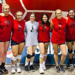 Members of the AK-49ers, Stacey Segura, Jordan Weber, Viannie Kazan, Kelsey Clark, Shaylynn Zener, Amanda McDowell, Maureen Sabado and Laura Roofe, pose at the 2022 USA Volleyball Open National Championship in Orlando, Florida. The event was held from May 27 to June 1. The AK-49ers placed 17th out of 35 teams in the Women's B Division and fifth in the bronze bracket. (Photo provided)