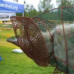 A salmon sculpture is displayed outside of the Kenai Watershed Forum tent at the 2022 Kenai River Festival on Friday, June 10, 2022 in Soldotna, Alaska. (Ashlyn OHara/Peninsula Clarion)