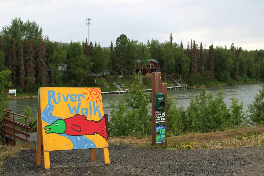 Signage indicates the beginning of the Soldotna River Walk on Friday, June 10, 2022 in Soldotna, Alaska. (Ashlyn OHara/Peninsula Clarion)