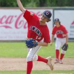 American Legion Post 20 Twins starting pitcher Hunter Williams delivers to Dimond on Saturday, June 11, 2022, at Coral Seymour Memorial Park in Kenai, Alaska. (Photo by Jeff Helminiak/Peninsula Clarion)