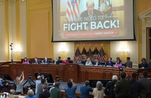 A video of former President Donald Trump speaking is displayed as the House select committee investigating the Jan. 6 attack on the U.S. Capitol continues to reveal its findings of a year-long investigation, at the Capitol in Washington, Monday, June 13, 2022. (Mandel Ngan/Pool via AP)