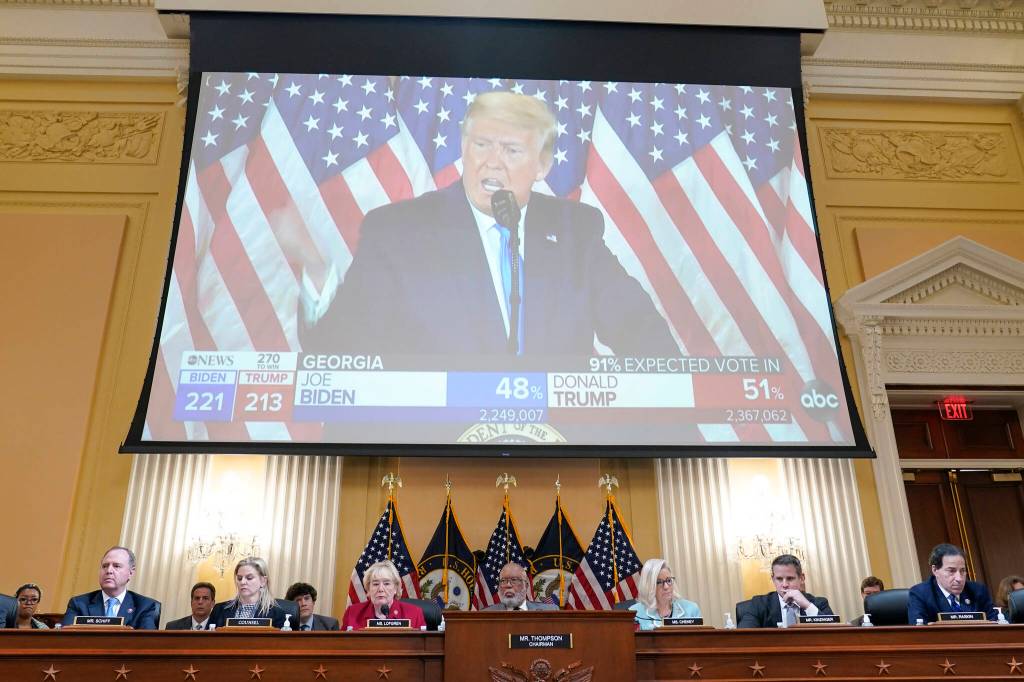A video exhibit plays as the House select committee investigating the Jan. 6 attack on the U.S. Capitol continues to reveal its findings of a year-long investigation, at the Capitol in Washington, Monday, June 13, 2022. The 1/6 committee is set to plunge into Donald Trumps last-ditch effort to salvage the 2020 election by pressuring Vice President Mike Pence to reject the electoral count  a highly unusual and potentially illegal strategy that was set in motion in the run-up to the Capitol riot. (AP Photo/Susan Walsh)
