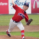 Twins pitcher Malakai Olson delivers to Service on Saturday, June 18, 2022, at Coral Seymour Memorial Park in Kenai, Alaska. (Photo by Jeff Helminiak/Peninsula Clarion)
