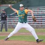 Service starter Jake Rafferty delivers to the Post 20 Twins on Saturday, June 18, 2022, at Coral Seymour Memorial Park in Kenai, Alaska. (Photo by Jeff Helminiak/Peninsula Clarion)