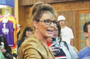Former Alaska Gov. Sarah Palin speaks with attendees at a meet and greet event outside of Gingers Restaurant on Saturday, May 14, 2022 in Soldotna, Alaska. (Ashlyn OHara/Peninsula Clarion)