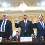 AP Photo/Jacquelyn Martin
Rusty Bowers, Arizona state House Speaker, from left, Brad Raffensperger, Georgia Secretary of State, and Gabe Sterling, Georgia Deputy Secretary of State, are sworn in to testify as the House select committee investigating the Jan. 6 attack on the U.S. Capitol continues to reveal its findings of a yearlong investigation, at the Capitol in Washington, Tuesday.
