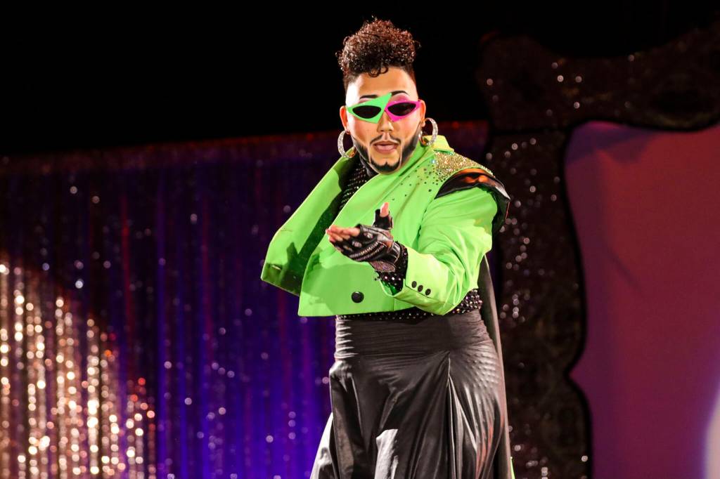 Tenderoni, one of the headliners, performs at at Glitz, a major annual drag event celebrated every Pride Month, at Centennial Hall on June 18, 2022. (Michael S. Lockett / Juneau Empire)