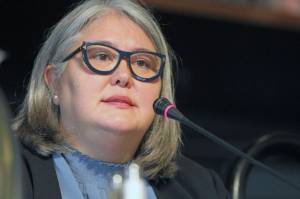 Tara Sweeney, a Republican seeking the sole U.S. House seat in Alaska, speaks during a forum for candidates, May 12, 2022, in Anchorage, Alaska. Sweeneys campaign manager said, Wednesday, June 22, 2022, that the campaign did not plan to sue over a finding released by Alaska elections officials stating that she cannot advance to the special election for U.S. House following the withdrawal of another candidate. (AP Photo/Mark Thiessen, File)