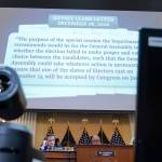 A portion of a draft letter from Jeffrey Clark is displayed as the House select committee investigating the Jan. 6 attack on the U.S. Capitol continues to reveal its findings of a year-long investigation, at the Capitol in Washington, Thursday, June 23, 2022. (AP Photo/Jacquelyn Martin)