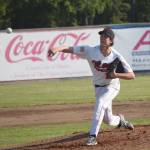 Oilers relief pitcher Blake Reilly delivers to the Anchorage Glacier Pilots on Thursday, June 23, 2022, at Coral Seymour Memorial Park in Kenai, Alaska. (Photo by Jeff Helminiak/Peninsula Clarion)