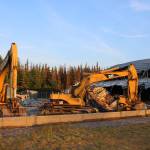Buldozers sit outside of the former Kenai Bowling Alley on Thursday, June 23, 2022, in Kenai, Alaska. (Ashlyn OHara/Peninsula Clarion)