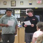 Jacob Wohlers, left, and Bryce LeFevre talk about their experience participating in KPBSDs Summer Work Program during a program celebration in the Soldotna High School library on Tuesday, June 28, 2022, in Soldotna, Alaska. (Ashlyn OHara/Peninsula Clarion)