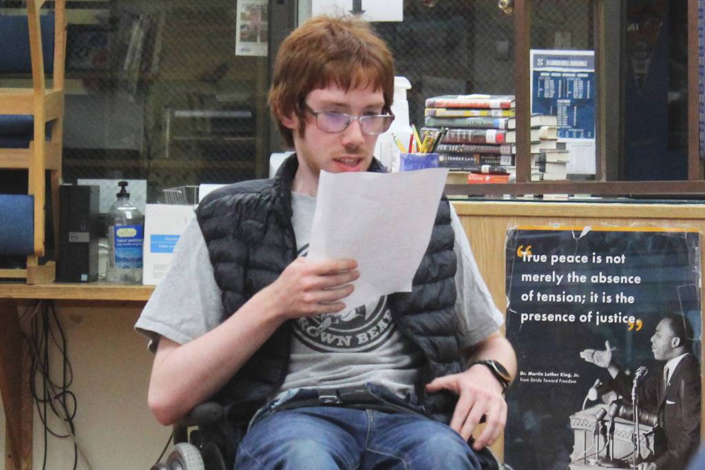Corn Braxling talks about his experience participating in KPBSDs Summer Work Program during a program celebration in the Soldotna High School library on Tuesday, June 28, 2022, in Soldotna, Alaska. (Ashlyn OHara/Peninsula Clarion)