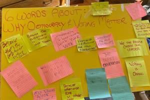 Sticky notes filled out in response to the question Why does Democracy and voting matter? are photographed on Saturday, June 25, 2022, in Soldotna, Alaska. (Photo courtesy Alex Koplin)