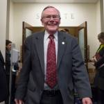 Michael Penn / Juneau Empire File
In this April 11, 2018 photo state Sen. Dennis Egan, D-Juneau, walks out of the Senate chambers and to a reception to honor him and Sen. Berta Gardner, D-Anchorage, at the Capitol. Both were retiring from the legislature.