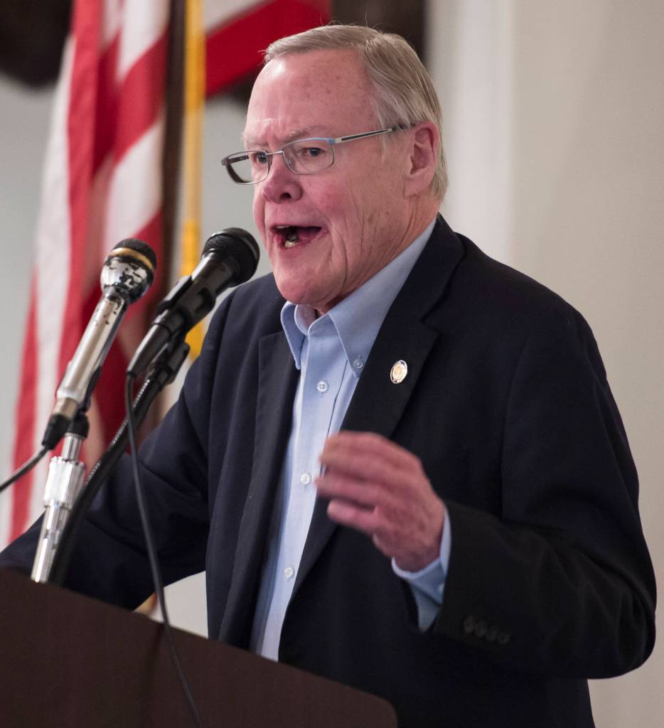 In this May 31, 2018 photo Sen. Dennis Egan, D-Juneau, speaks to the Greater Juneau Chamber of Commerce during its weekly luncheon at the Moose Lodge. (Michael Penn/ Juneau Empire File)