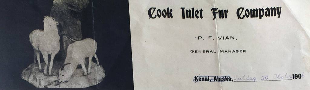 Photo courtesy of the Viani Family Collection 
Starting in the late 1890s in Kenai, Frenchy Vian owned and operated the Cook Inlet Fur Company. The location is marked out here because he was using this company stationery to write to family while he was temporarily in Valdez.