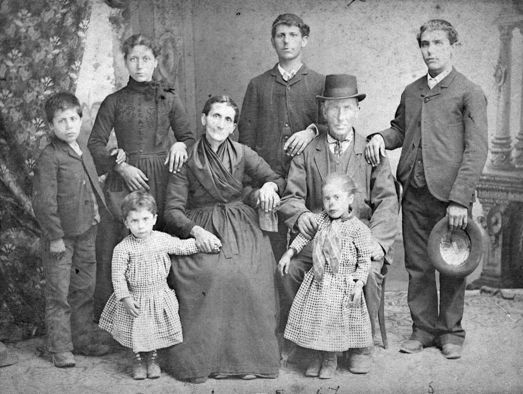 Photo courtesy of the Viani Family Collection 
Frenchys immediate family posed for this photograph in about 1888, the year that Frenchy immigrated to the United States. From left to right are: brother Luigi, (standing in back) sister Teresa, (standing in front) brother Carlo, mother Angela, brother Giuseppe, father Francesco, sister Bianca and brother Agostino.