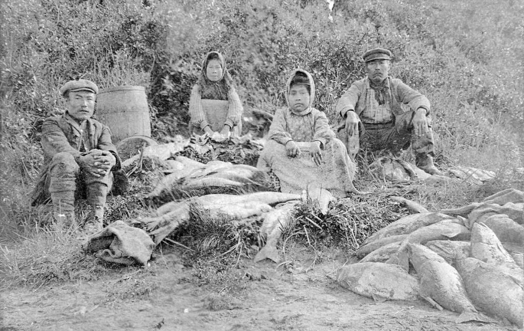 Frenchy captured this image of a Denaina family with a harvest of king salmon in the Kenai area, circa 1900. (Photo courtesy of the Viani Family Collection)