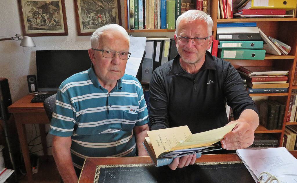 Photo by Yvonne Leutwyler
Rinantonio Viani, left, and Clark Fair pose in Rinos home office  in Lausanne, Switzerland  as they discuss the writing and documentation of the story Pietro Francesco Frenchy Viani.