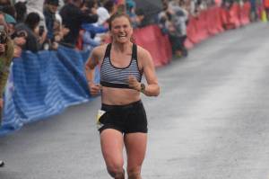 Hannah Lafleur of Seward defends her title in the womens Mount Marathon Race in Seward, Alaska, on Wednesday, July 7, 2021. (Photo by Jeff Helminiak/Peninsula Clarion)