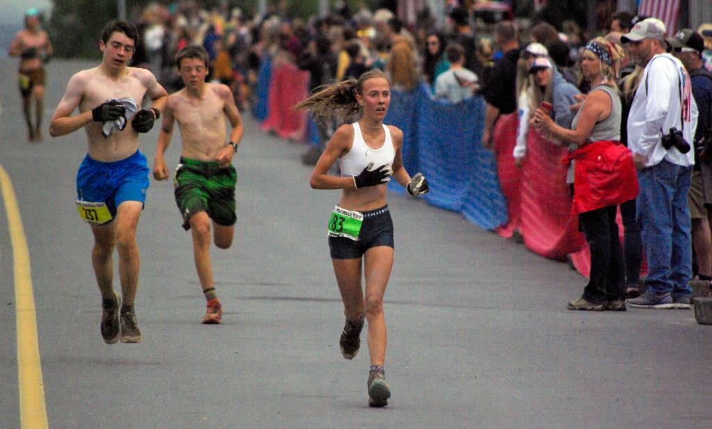 Tania Boonstra, an incoming freshman at Soldotna High School, finishes second at the girls junior Mount Marathon Race on Monday, July 4, 2022, in Seward, Alaska. (Photo by Jeff Helminiak/Peninsula Clarion)