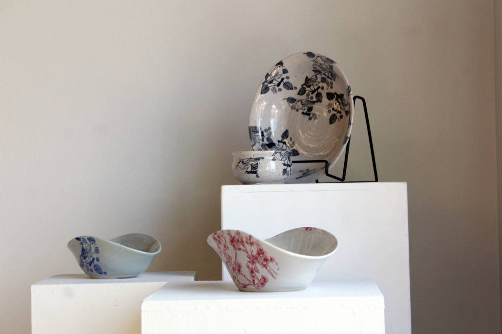 Pottery pieces are on display at the Kenai Art Center on Tuesday, July 5, 2022. (Camille Botello/Peninsula Clarion)