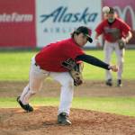 Oilers starter Conner Kershaw delivers to the Chugiak-Eagle River Chinooks on Friday, July 8, 2022, at Coral Seymour Memorial Park in Kenai, Alaska. (Photo by Jeff Helminiak/Peninsula Clarion)