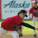 Oilers starter Conner Kershaw delivers to the Chugiak-Eagle River Chinooks on Friday, July 8, 2022, at Coral Seymour Memorial Park in Kenai, Alaska. (Photo by Jeff Helminiak/Peninsula Clarion)