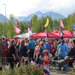 People gather outside of the Alaska Airlines Center, where a Save America rally was being held, on Saturday, July 9, 2022 in Anchorage, Alaska. Former President Donald Trump, U.S. Senate candidate Kelly Tshibaka and U.S. House candidate Sarah Palin were among the event’s speakers. (Ashlyn O’Hara/Peninsula Clarion)