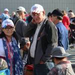 Mike (left) and Kathy (right) Medcoff wait to enter the Alaska Airlines Center for a Save America rally on Saturday, July 9, 2022, in Anchorage, Alaska. Former President Donald Trump, U.S. Senate candidate Kelly Tshibaka and U.S. House candidate Sarah Palin were among the events speakers. (Ashlyn OHara/Peninsula Clarion)