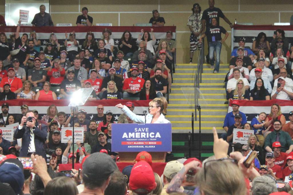 Sarah Palin addresses attendees at a Save America rally on Saturday, July 9, 2022, in Anchorage, Alaska. (Ashlyn OHara/Peninsula Clarion)